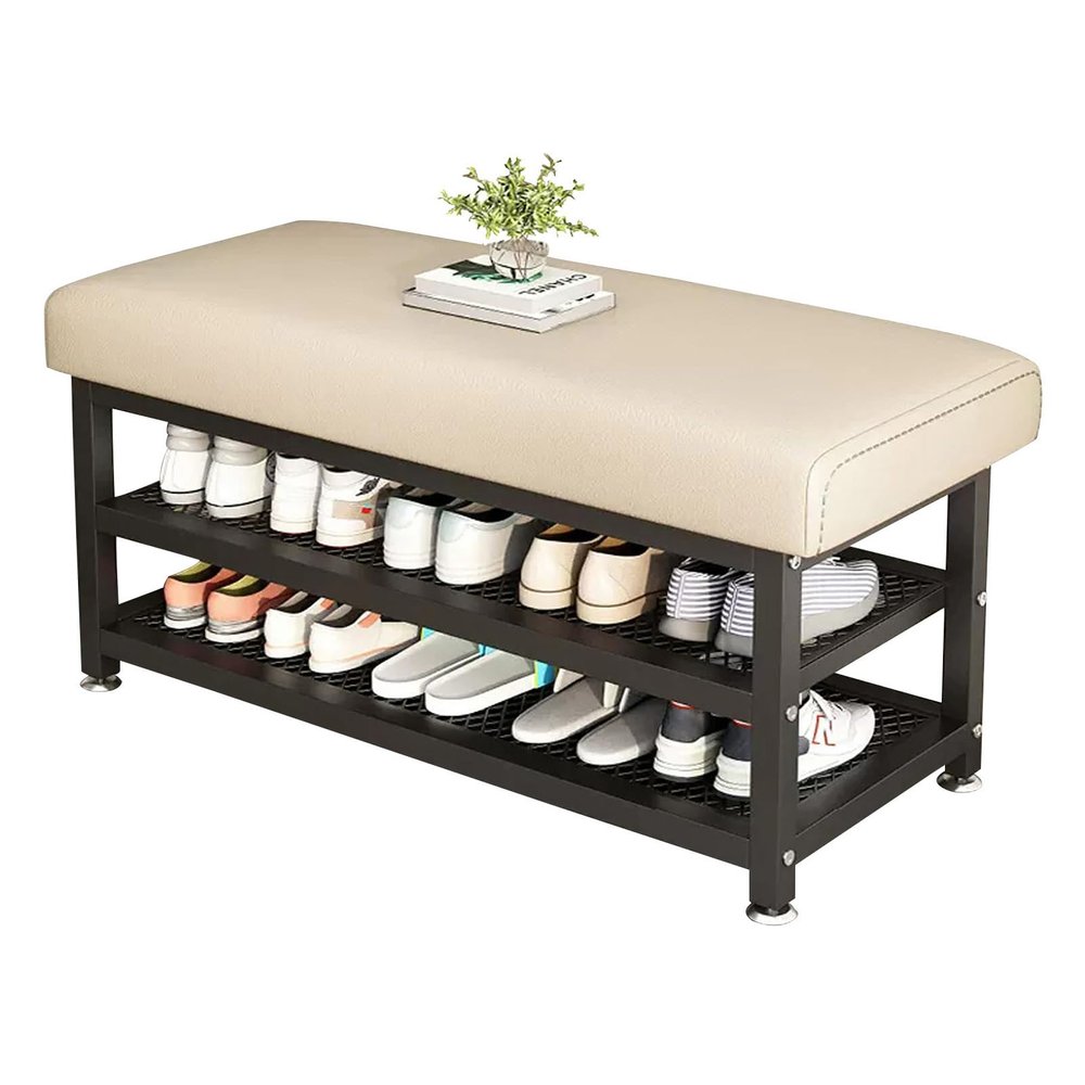 KAMPCO Entryway Shoe Bench, Shoes Storage Rack with Sturdy Metal Frame and PU Leather Cushion, Bench Seat for Bedroom Corridor, Living Room, Hallway