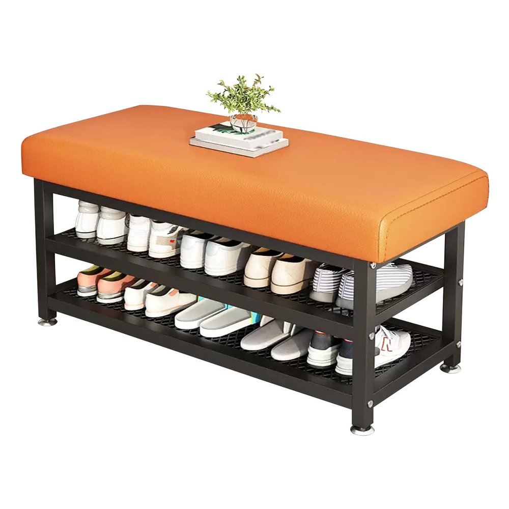 KAMPCO Entryway Shoe Bench, Shoes Storage Rack with Sturdy Metal Frame and PU Leather Cushion, Bench Seat for Bedroom Corridor, Living Room, Hallway