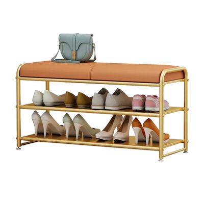 KAMPCO Shoe Bench 3-Tier Shoe Rack for Entryway, Shoe Organizer Bench with Long Seat and Metal Shelves, Upholstered Storage Bench for Living Room, Bedroom, Mudroom