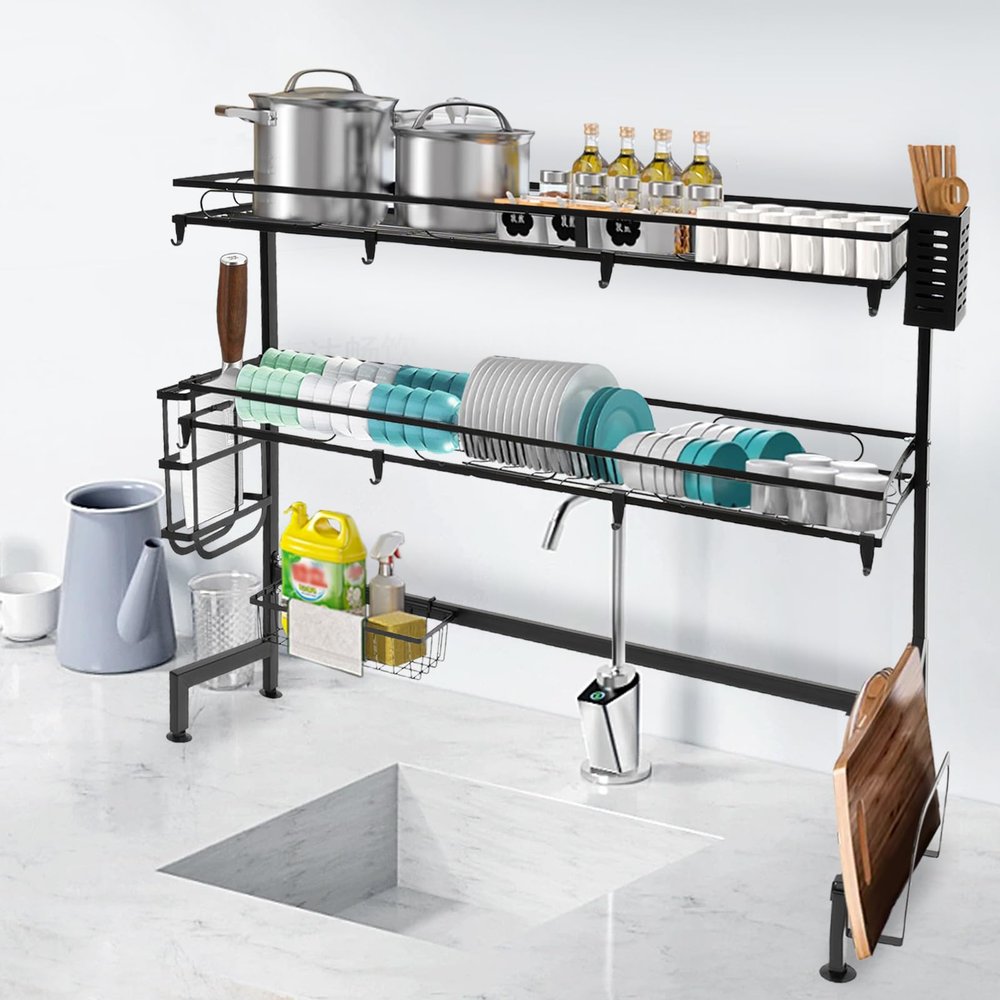 Dish Racks, Over The Sink Dish Drying Rack 2-Tier, with Utensil Holder, Multifunctional Dish Rack for Over-Sink Use, Dish Racks for Kitchen Counter, Counter Organizer Shelf, Space Saver Dish Rack