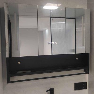 UkewEi Smart Medicine Cabinet, 36"x32" Modern LED Lighted Bathroom Cabinet, Wall Mounted Mirror Cabinet with Anti-Fog, Clock Display, Towels Bar, 3-Layer Storage Shelf (Color : Black, Size : 100x80x