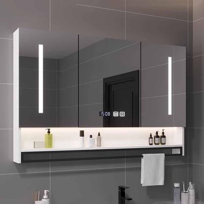 UkewEi Smart Medicine Cabinet, 36"x32" Modern LED Lighted Bathroom Cabinet, Wall Mounted Mirror Cabinet with Anti-Fog, Clock Display, Towels Bar, 3-Layer Storage Shelf (Color : White, Size : 80x80x1