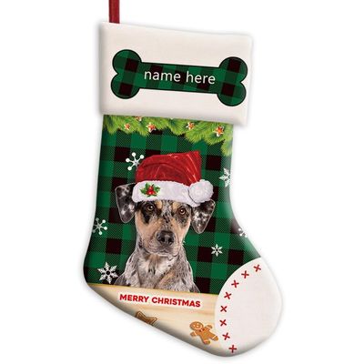 MALIHONG Personalized 1 Pack Merry Christmas Stocking for Dog Green Buffalo Plaid Check Dog Catahoula with Santa Hat Snowflake Xmas Candy Bag Home Decor 14.4"