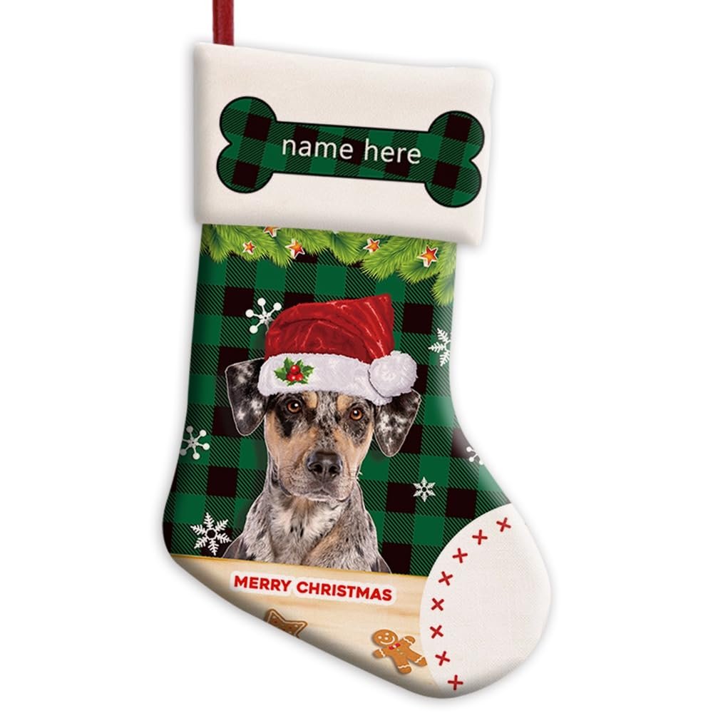 MALIHONG Personalized 1 Pack Merry Christmas Stocking for Dog Green Buffalo Plaid Check Dog Catahoula with Santa Hat Snowflake Xmas Candy Bag Home Decor 14.4"