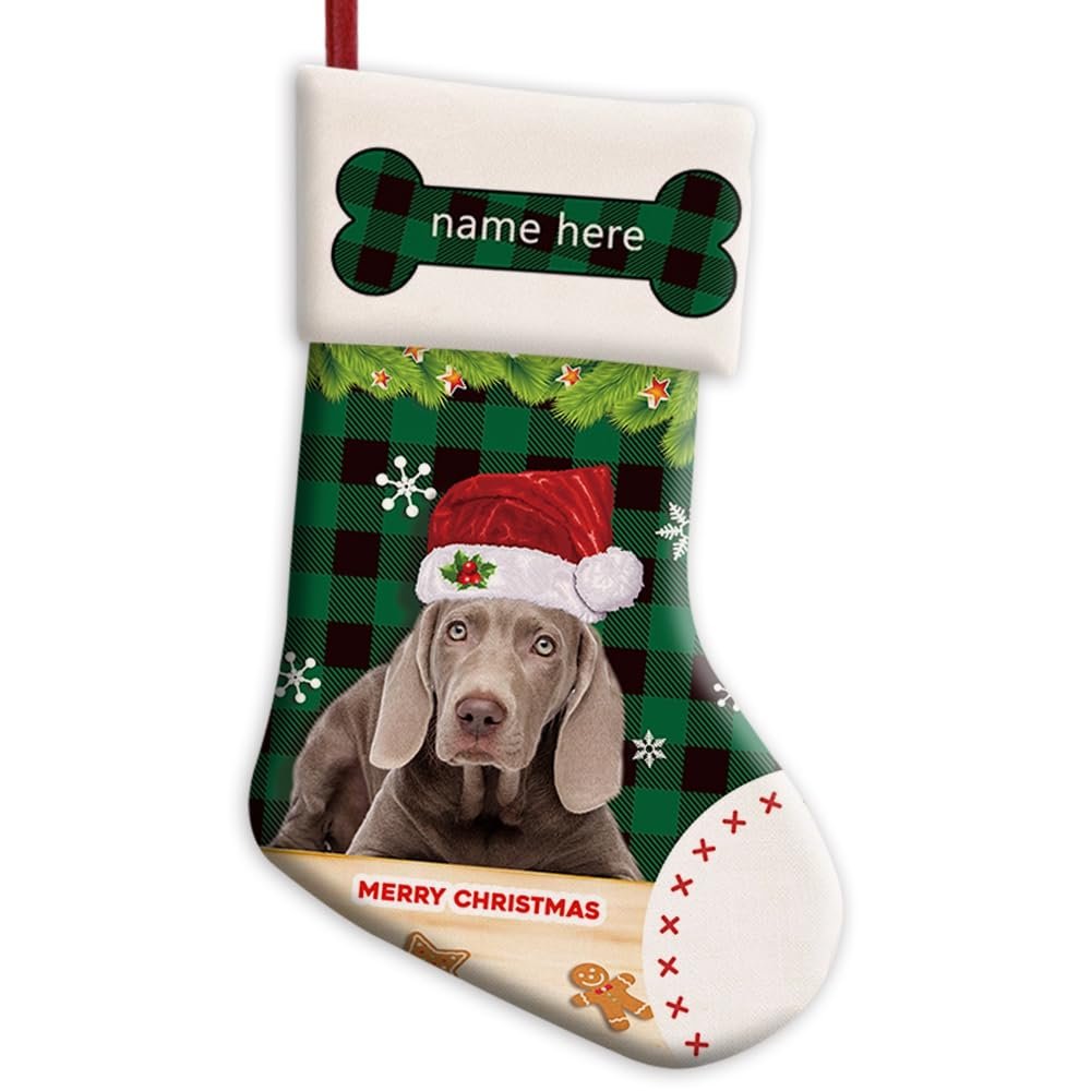 MALIHONG Personalized 1 Pack Merry Christmas Stocking for Dog Green Buffalo Plaid Check Cute Dog Weimaraner with Santa Hat Snowflake Xmas Candy Bag Home Decor 14.4"
