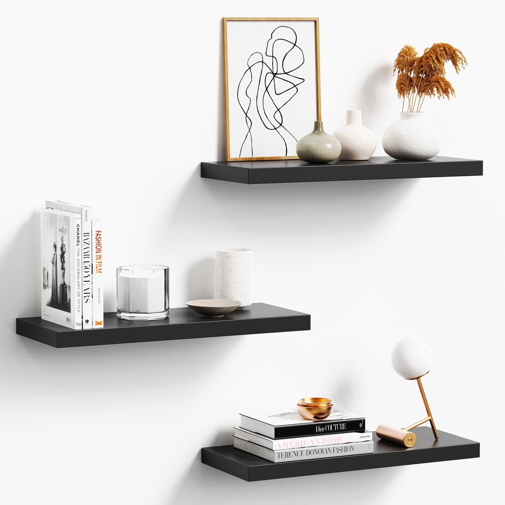 Oridom Floating Shelves Set of 3, Black Wood Wall Mounted Shelf 16" for Kitchen, Living Room, Bedroom, Bathroom Storage, Book Shelf, Home Decor, Frame Display
