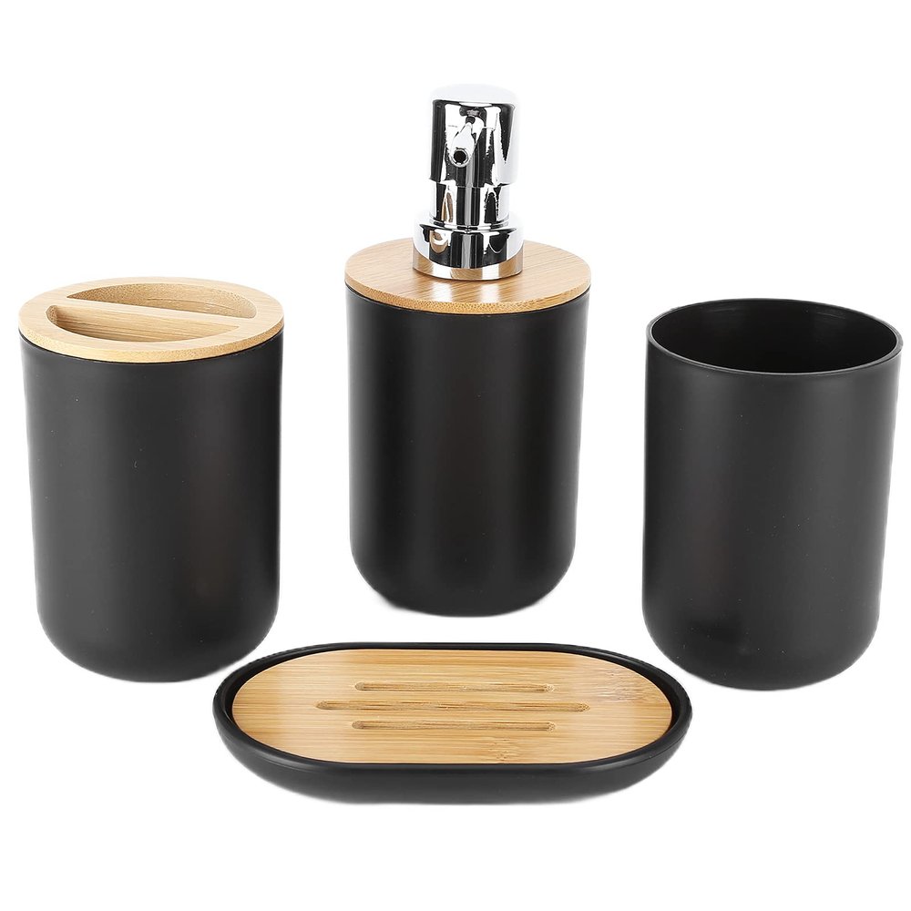 4Pcs Bathroom Accessory Set, Bamboo Waterproof Durable Toothpaste Toothbrush Storage Box, Toothbrush Cup for Home Hotel, Reusable Bathroom Tumbler Mug for Home Bathroom Dorm, Present for(Black)