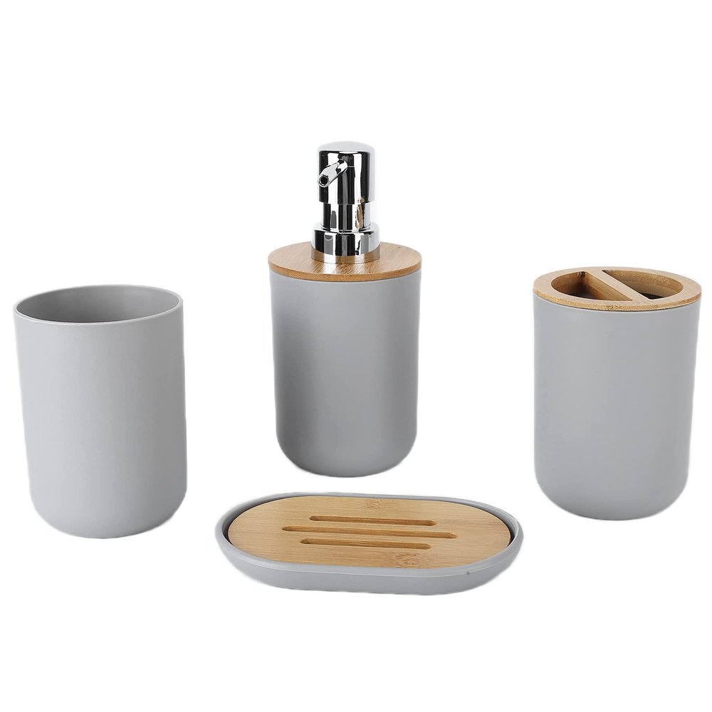 Bamboo Bathroom Accessories Set, Toothbrush Holder, Farmhouse Bathroom Decor, 4 Pcs Bathroom Essential Includes Toothbrush Cup, Toothbrush Holder, Lotion Dispenser, Soap Box, Tooth Mug (Grey)