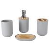 Bamboo Bathroom Accessories Set, Toothbrush Holder, Farmhouse Bathroom Decor, 4 Pcs Bathroom Essential Includes Toothbrush Cup, Toothbrush Holder, Lotion Dispenser, Soap Box, Tooth Mug (Grey) view 1