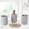Bamboo Bathroom Accessories Set, Toothbrush Holder, Farmhouse Bathroom Decor, 4 Pcs Bathroom Essential Includes Toothbrush Cup, Toothbrush Holder, Lotion Dispenser, Soap Box, Tooth Mug (Grey) view 2