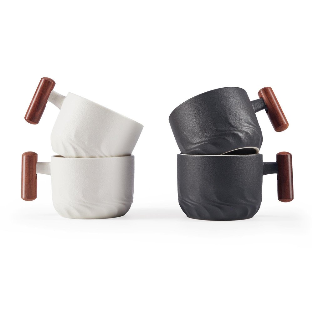 CLASGLAZ 2.5oz Ceramic Espresso Cups with Wooden Handle, Small Coffee Cups Double Shot Espresso Cups Set of 4