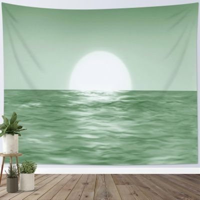 LB Moon Over Ocean Tapestry, Full Moon with Sage Green Ocean Wall Tapestry for Bedroom, Fantasy Watercolor Night Sky Wall Hanging Tapestry Wall Art for Living Room Home Decor, 60L x 80W Inches