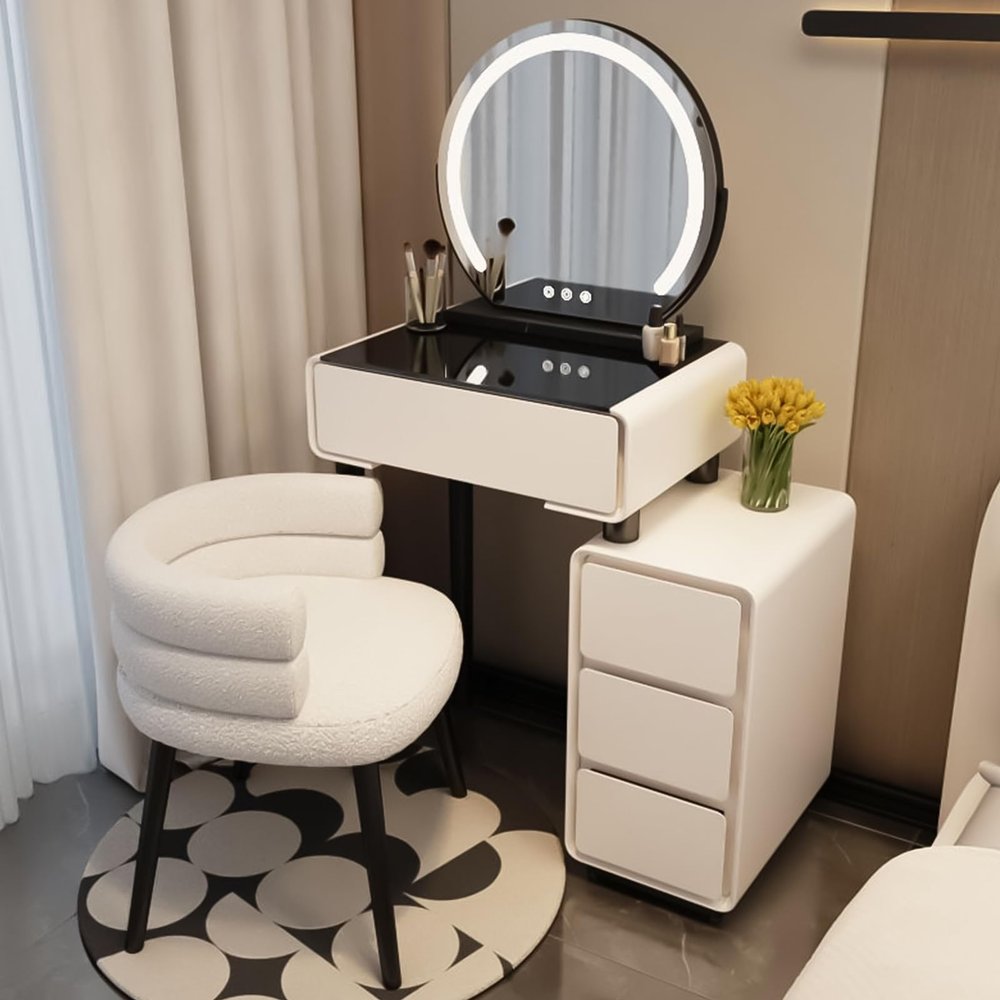 Vanity Desk with Mirror and Lights Glass Top, Girls Vanity Set with 4-5 Drawers, Dressing Table with Retractable Sideboard and Chair/stool, Adjustable Brightness ( Color : Cushioned chair A , Size : L