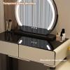 Vanity Desk with Mirror and Lights Glass Top, Girls Vanity Set with 4-5 Drawers, Dressing Table with Retractable Sideboard and Chair/stool, Adjustable Brightness ( Color : Cushioned chair A , Size : L view 4