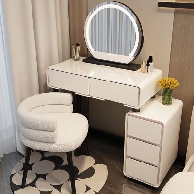 Small White/Beige Vanity Desk with Drawers, Vanity Table Set with Cushioned Stool/chair, Makeup Table with Round Mirror Led Lights, Best Gift for Women and Girls ( Color : Cushioned chair A , Size : L