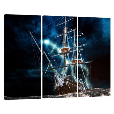 3 Panel Nautical Decor Sailboat Sea Lightning Thunderstorm Painting Artwork for Home Walls Pictures Canvas Photo Prints Framed Wall Art Sailboat Art Ship Decor 60" x40