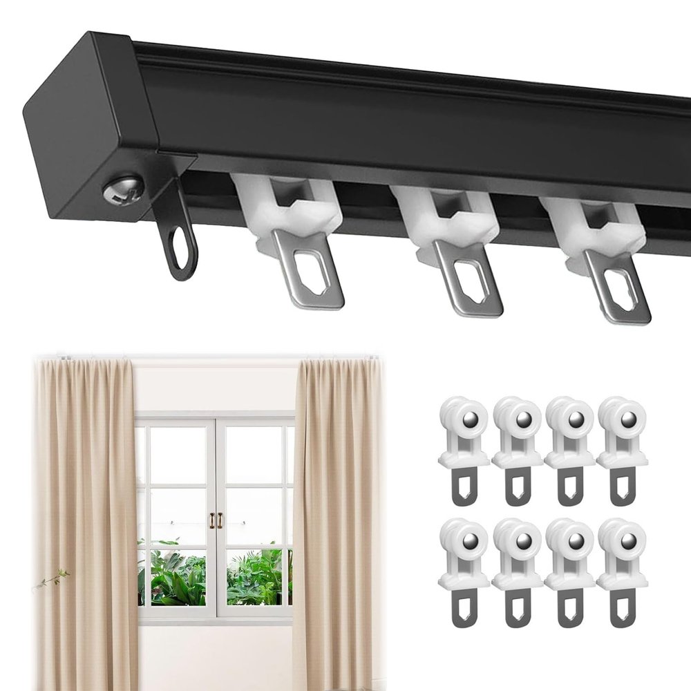 Heavy Duty Curtain Rails Track System, Ceiling Mount For Curtain Rail, Curtain Rail With Mute Rollers, Thickened Heavy Duty Aluminium Double Mute Curtain Tracks Straight Curtain Track ( Color : Black
