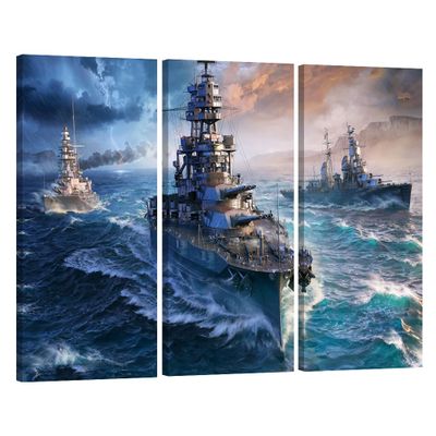 3 Panel Canvas Wall Art White Navy Blue Decor Warships Poster Framed Wall Paintings Canvas Art Prints Modern Wall Decorations for Living Room Wall Pictures for Home Decor 60 x40 inch