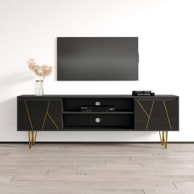 Meble Furniture Haifa Modern TV Stand - Modern Rectangular High-Gloss TV Stand with Storage Cabinets - Media Entertainment Center Console for TV Up to 80"- TV Stand for Living Room and Bedroom - Black