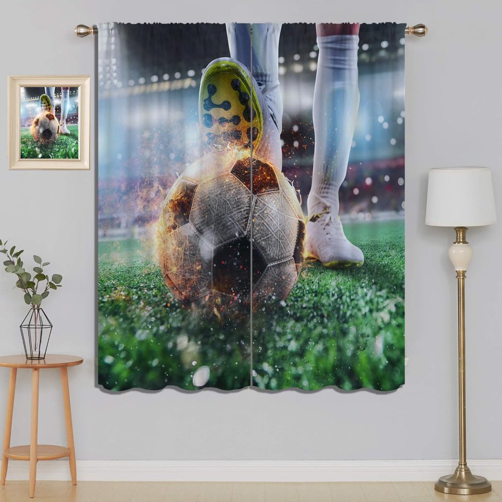 Football Blackout Curtains for Boy Girl Room Darkening Decor,Soccer Striker Ready to Kicks the Fiery Ball at the Stadium Bedroom Living Room Home Rod Pocket Thermal Insulated Window Drapes,84x63 Inch