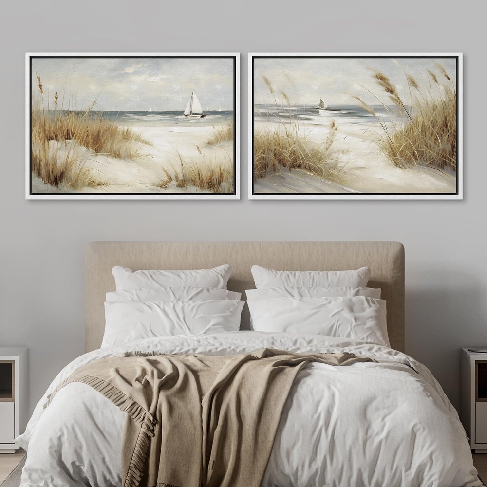 MUDECOR Framed Canvas Print Wall Art Beach Ocean Shore Nature Wilderness Modern Art Decorative Geometric Minimalism for Bedroom - 16"x24"x2 WHITE