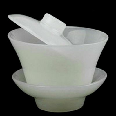 188ml Chinese Handmade Natural White Jade Gaiwan Cup Goblet Wineglass Tea Set