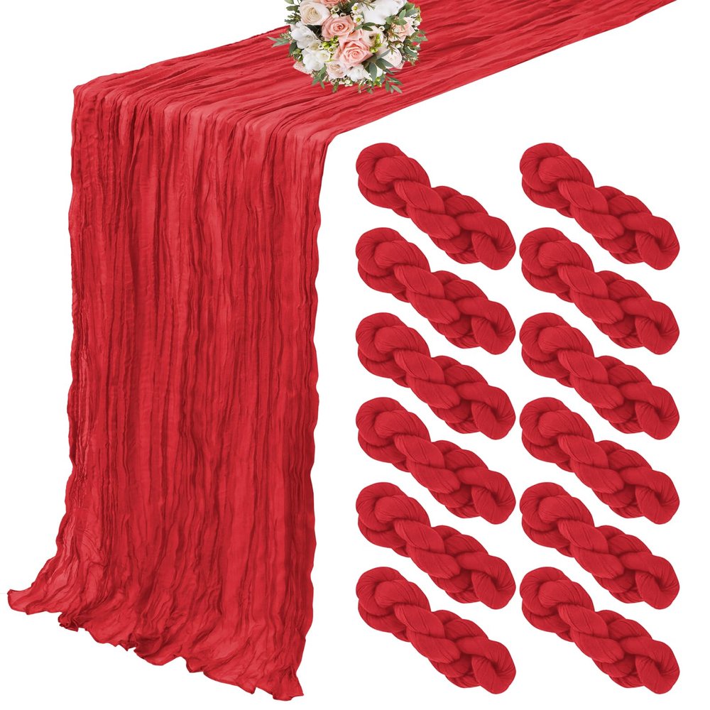 12 Pack Cheesecloth Table Runner 35 x 120 inch Long Boho Cheese Cloth Gauze Table Runners Semi Sheer Table Runner for Wedding Decor, Bridal Shower, Birthday Party (Red)