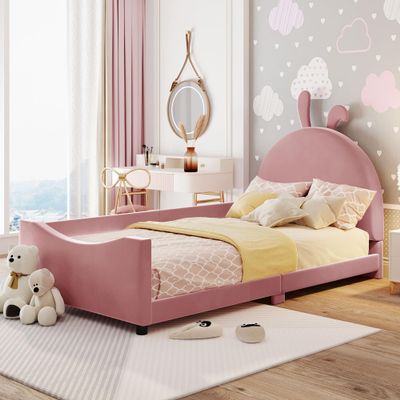 Aiuyesuo Cute Twin Size Upholstered Daybed with Rabbit Ear Shaped Headboard,Modern Low Profile Bed with Sturdy Wooden Slats Support, Wooden Daybed Frame for Kids Boys Girls (Pink-TTL20)