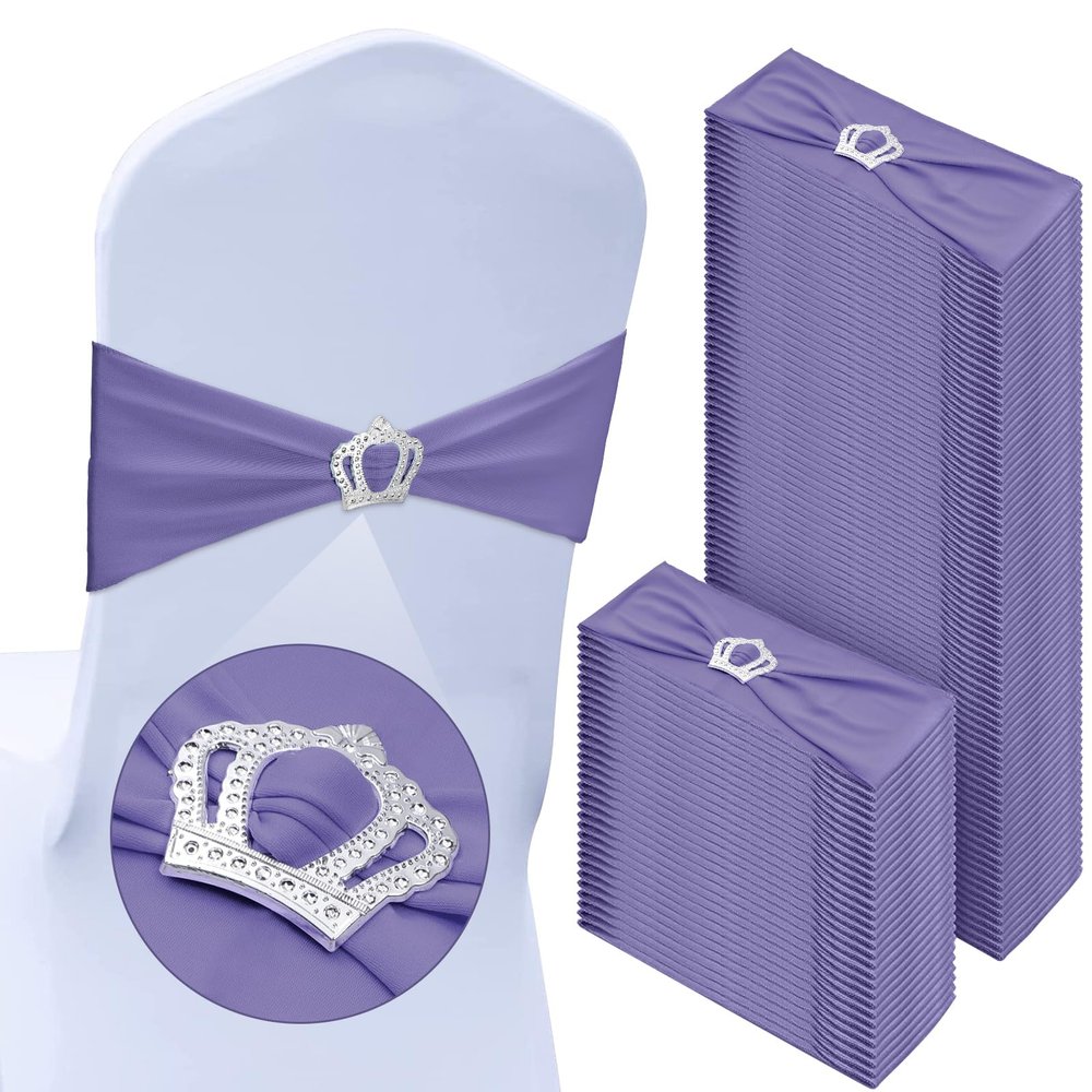 VitalCozy 100 Pcs Spandex Chair Sashes with Crown Buckle Slider Stretch Chair Bands Cover Ties for Wedding, Banquet, Gala, Corporate Event, Birthday Party, Baby Shower(Purple)