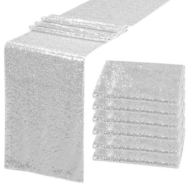 6 Pack Silver Sequin Table Runner 12" x 72" Sparkle Table Runner for Baby Bridal Shower Wedding Birthday Party Table Decor (Silver)