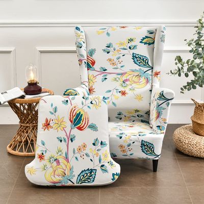 Morbuy Wingback Chair Covers, 2 Piece Wingback Chair Slipcover, Stretch Wingback Chair Cover, Polyester Wing Back Chair Covers for Bedroom, Living Room, Office (Dream Flower,One Size)