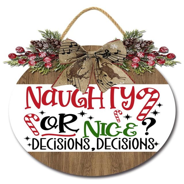 Sokomurg Merry Christmas Decorative Wreath 11" Christmas Porch Sign Wooden Decor,Naughty or Nice Decisions Sign Festive Christmas Wreath Display Board, Party, Wall Yard Sign for Home Front Door