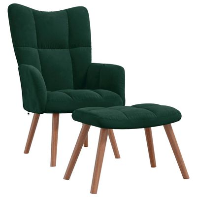 vidaXL Velvet Relaxing Chair with Stool in Dark Green - Modern Style, Steel Framed Armchair & Footstool Set, Suitable for Living Room, Bedroom, Lounge Area, and Office