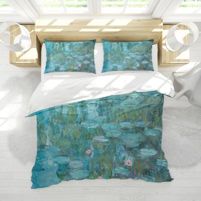 HOBBOY Blue River & Water Lily 3 Pieces Claude Monet Art Pattern Duvet Cover with Zipper Ties 2 Pillowcases Breathable Duvet Cover Sets Twin
