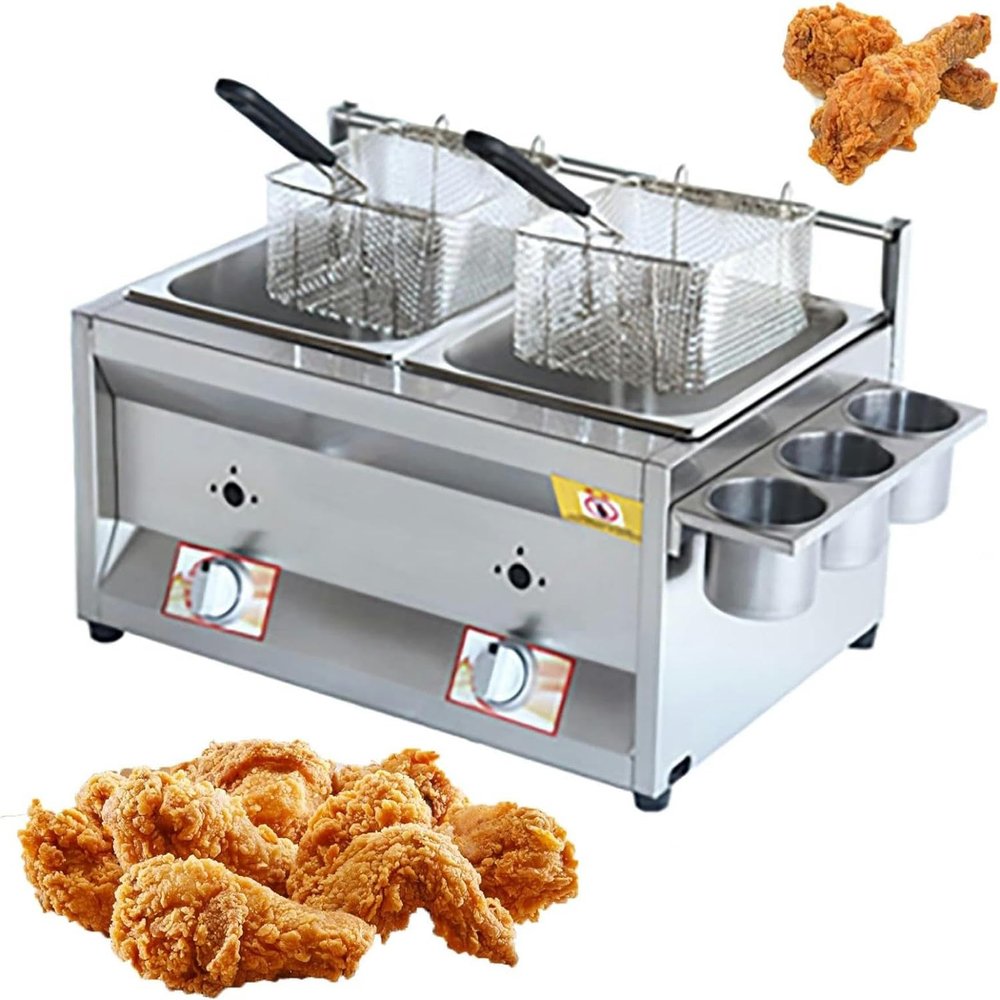 BTURYT Multi-Function Gas Deep Fryer, 10L+10L Double Cylinder Stainless Steel LPG Fryer, with Baskets & Lid, Removable Oil Pot, Home, Restaurant Use