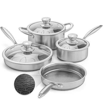 AuFranc Hybrid Nonstick Stainless Steel Pots and Pans Set, Induction Cookware Set with Tempered Glass Lids, Non-stick Pot and Pan Set Suitable for All Cooktops, Non-Toxic, Dishwasher & Oven Safe