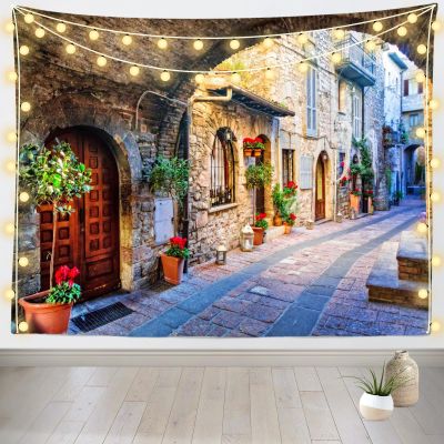 Loccor Italy Theme Tapesrty Italy Town Charming Floral Street Medieval Towns Scenery Wall Hanging Alley Scenery Tapestry Italian Theme Party Supplies Home Living Room Decor 179''x118''