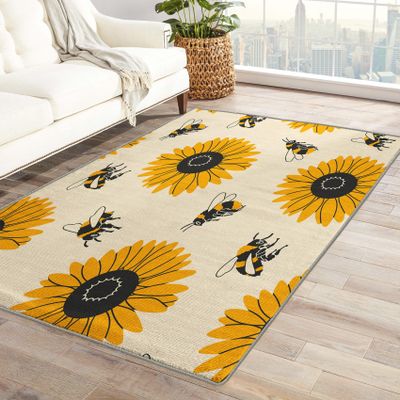Bee Rug 6x8 ft, Sunflower Area Rug, Honey Bee Rugs for Living Room Bedroom, Bumble Bee Carpet, Kids Room Decor for Boys Girls, Washable Non Slip Soft Low Pile Indoor Area Rugs