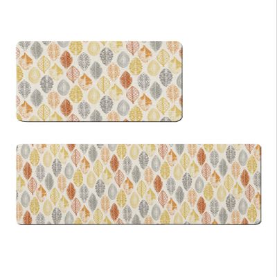 Bathroom Rugs Set of 2 Orange Leaves Pattern Bath Mats Gray Yellow Runner Rugs, Absorbent Doormats Quick Dry Area Carpet, Non Slip Floor Mat for Bathtub Shower Kitchen Hallway Laundry