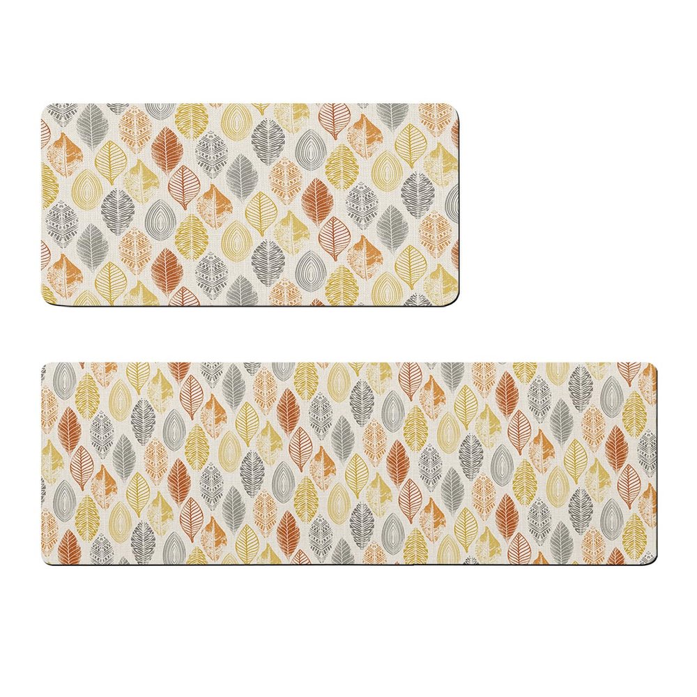 Bathroom Rugs Set of 2 Orange Leaves Pattern Bath Mats Gray Yellow Runner Rugs, Absorbent Doormats Quick Dry Area Carpet, Non Slip Floor Mat for Bathtub Shower Kitchen Hallway Laundry