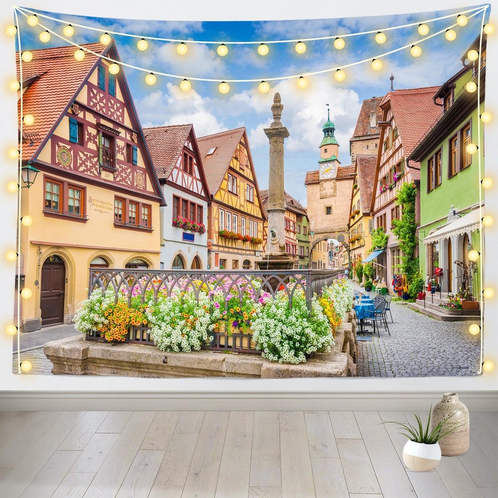 Loccor Germany Town Scenery Tapestry Classical Rothenburg Street Scene Wall Tapestry Oktoberfest Bavarian Party Decorations Home Living Room Decor 80''x60''