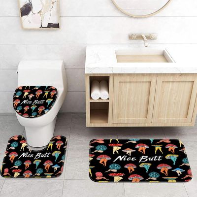 Funny Mushroom Buth Bath Mat Set, Fun Cute Sexy Butt 70S 80S Fabric Bathroom Mat Set,Hippie Psychedelic Aesthetic Colorful Unique Set Soft Toilet Lid Cover and Contour Mat and Bath Mat(Black)
