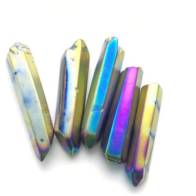 10pcs Natural Aura Angel Titanium Coated Quartz Crystal Wand Point Polished Sticks Crystal Pendant Healing DIY Jewelry Pendant Necklace Crown (Rainbow)