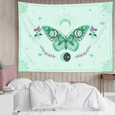 HVEST Butterfly Wall Tapestry Bohemia Mandala Wall Hanging Green Leaf Plant and Floral with Stars Moon Tapestry for Bedroom Living Room Dorm Decor, 51L X 59W inches