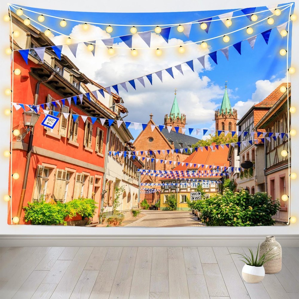 Loccor Oktoberfest Bavarian Tapestry Wall Hanging German Town Old Street Medieval Traditional Houses Tapestry Oktoberfest Party Decorations Home Living Room Decor 80''x60''