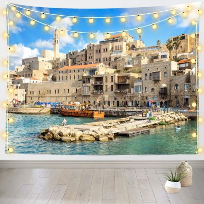 Loccor Jaffa Old City Tapestry Israel Old City Ancient Harbor Blue Sky White Cloud Tapestry Background for Travel Party Decor Children Adult Home Bedroom Living Room Decor 118''x98''
