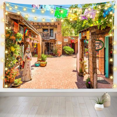 Loccor European Street Tapestry New Mexico Old Town Shops Restaurants in Historic Albuquerque Wall Hangings for Travel Hiking Party Home Living Room Bedroom Street View Tapestry 60''x50''