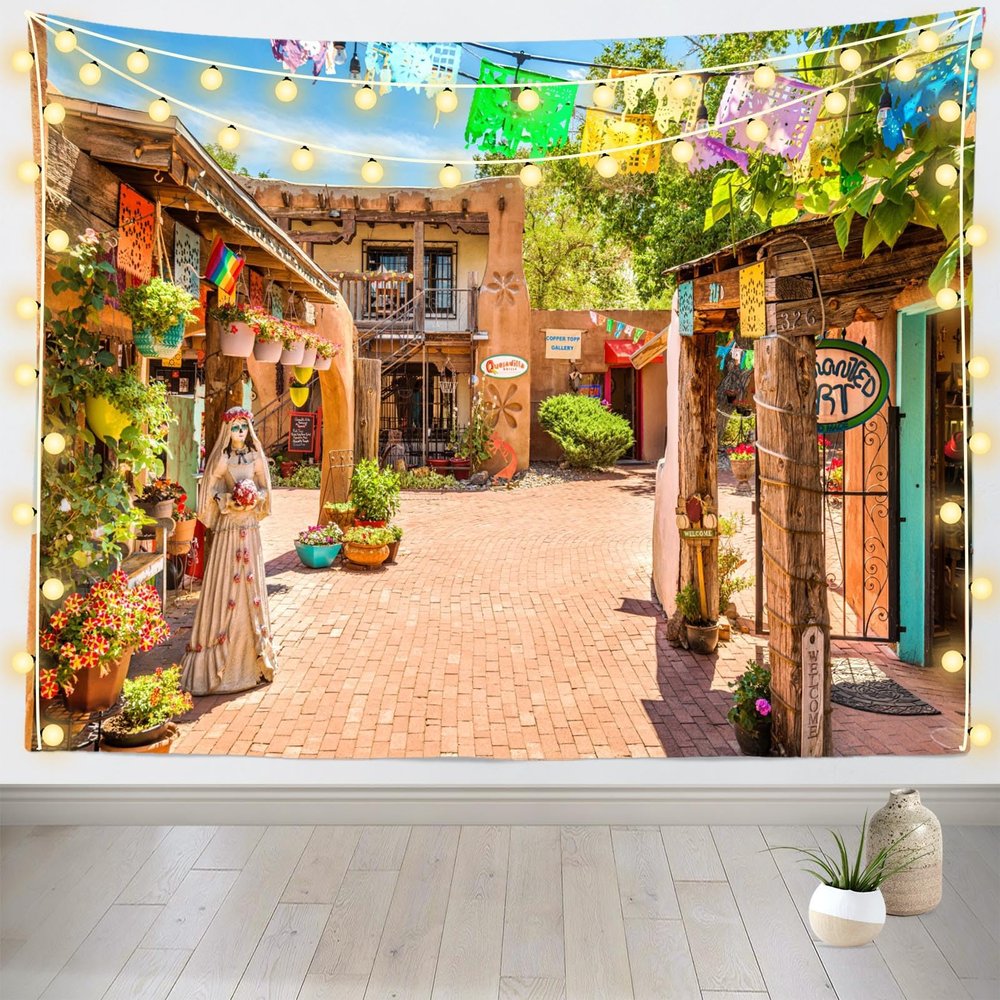 Loccor European Street Tapestry New Mexico Old Town Shops Restaurants in Historic Albuquerque Wall Hangings for Travel Hiking Party Home Living Room Bedroom Street View Tapestry 60''x50''