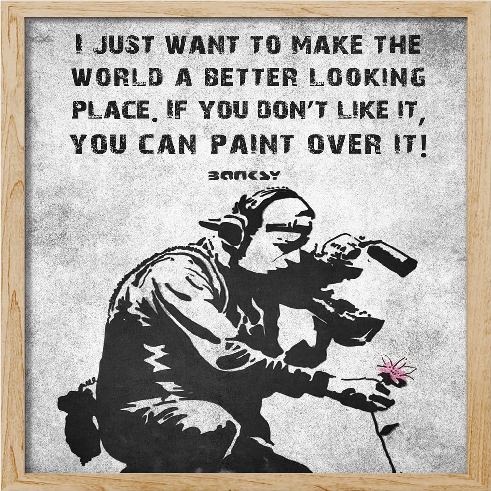 SIGNWIN Framed Banksy Museum Wall Art, Grey Dark Industrial Style Wall Decor Prints, Inspirational Quotes Wall Dcor for Living Room, Bedroom - 12"x16" Natural