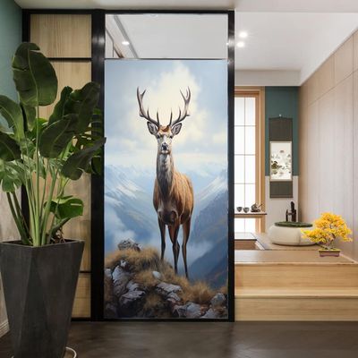 Handsome Deer Window Privacy Film Mountain Nature Landscape Wildlife Stained Glass Window Film Sun Blocking Heat Control Decorative Window Covering Film for Home Office 23.6Wx35.4L